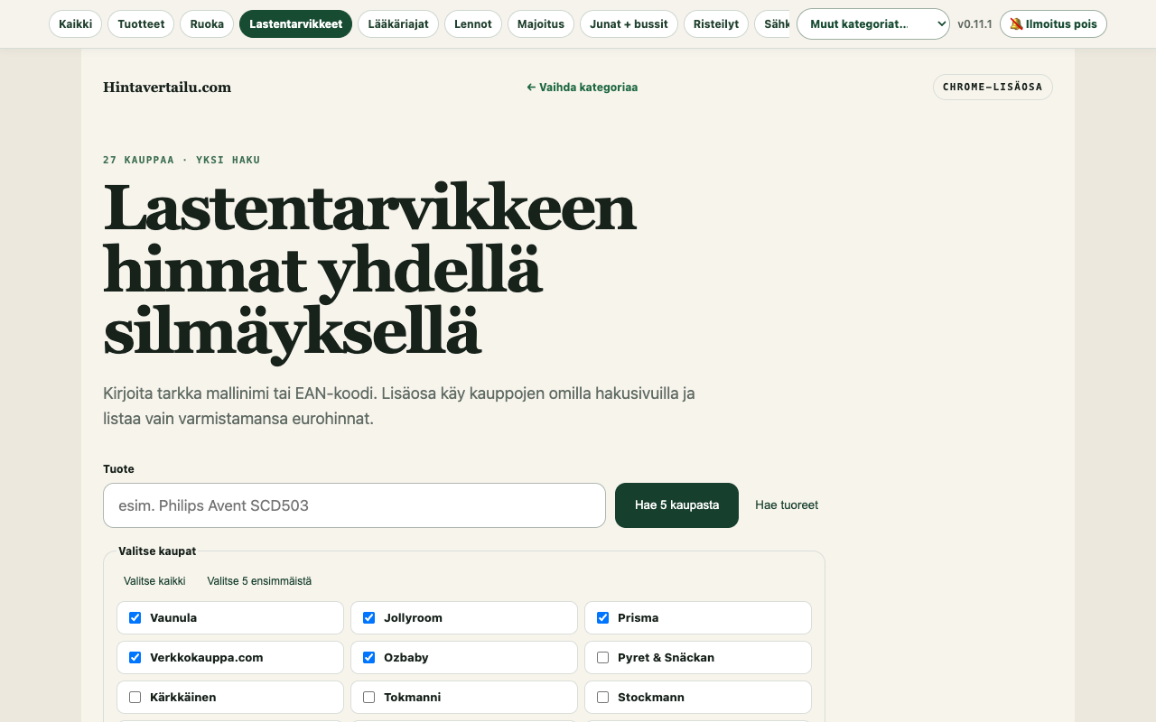 Lastentarvikehaku ja valittavat kaupat