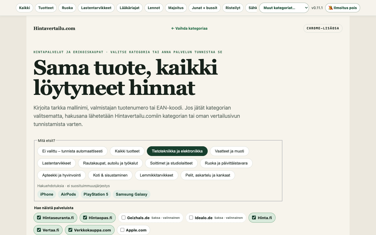 Tuotehaun näkymä: kategoriat, hakuehdotukset ja haettavat palvelut