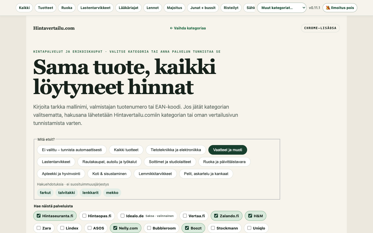 Tuotehaun näkymä vaatteiden ja muodin kategoriassa